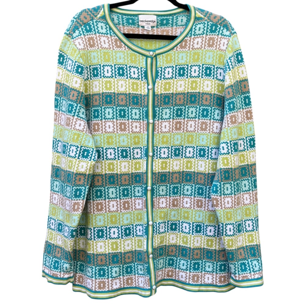 Breckenridge Woman Womens 2X Cardigan Teal Green Geometric Cotton Knit Sweater